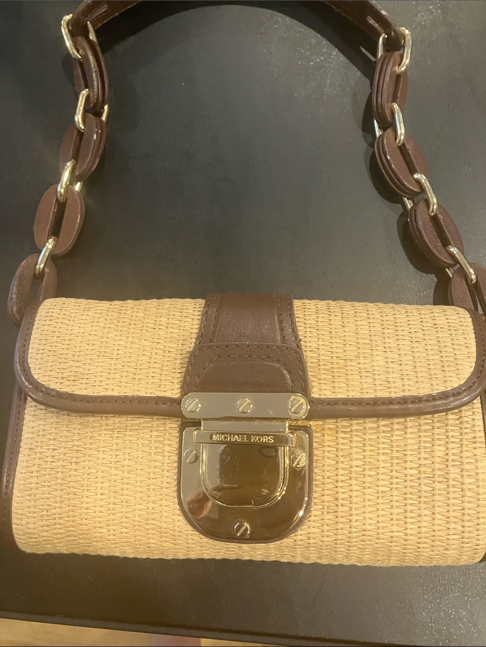 Michael Kors Tan Straw Shoulder Bag with Brown Leather Trim and Gold Chain